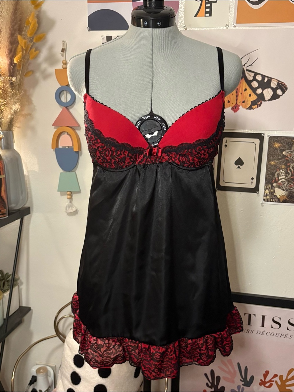 Ambrielle Red & Black Lace Satin Babydoll Chemise M